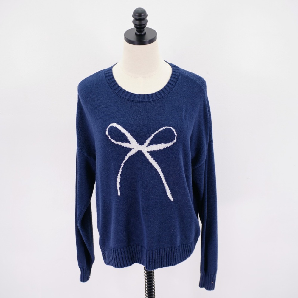 Hollister XS Blue Christmas "Bow" Round Neck Knit Sweater Pullover Long Sleeve